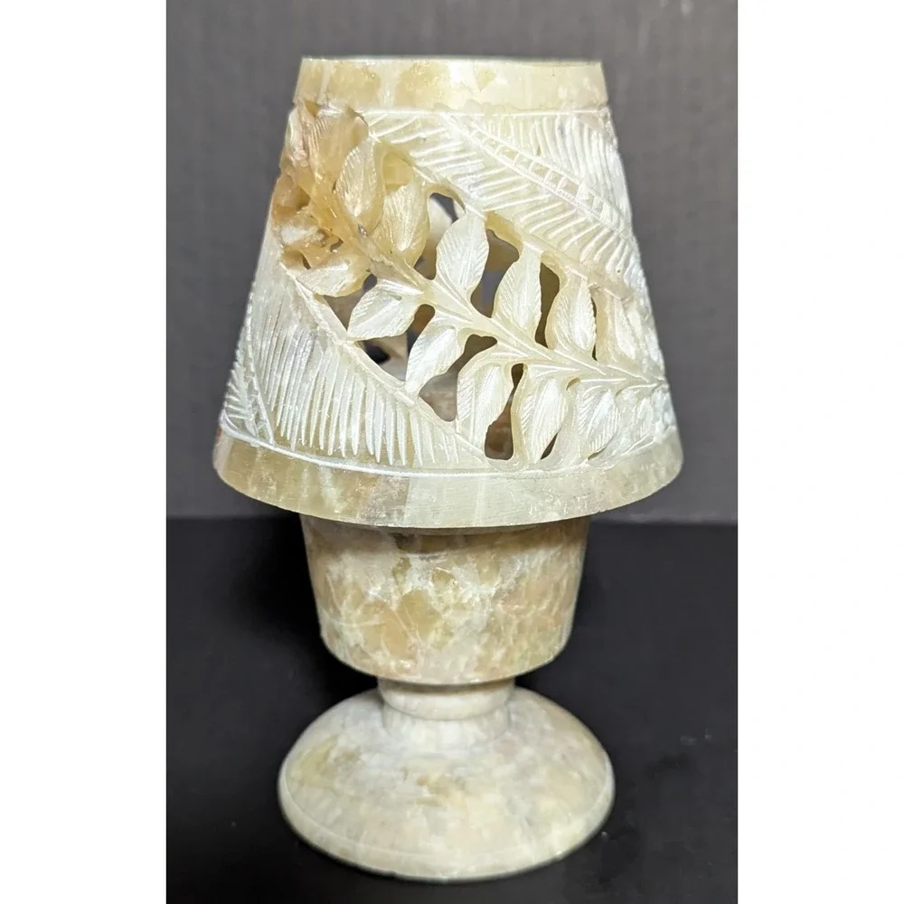 Carved Stone Tealight/Votive Candle Holder and Shade Tones‎ of Yellow & Green 6